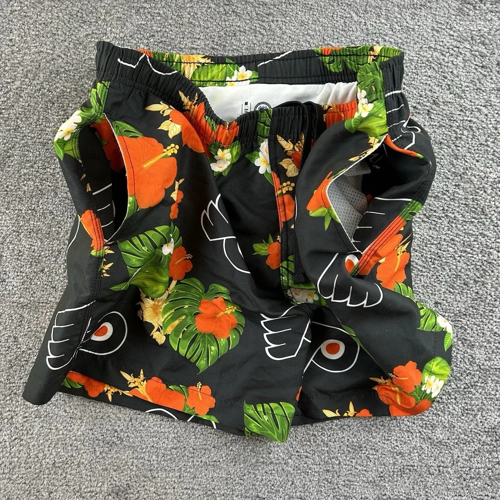 NHL Philadelphia Flyers Mens Tropical Floral Swim Trunks Black Orange Medium